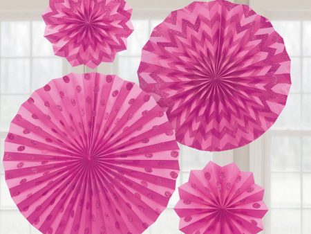 Bright Pink Glitter Paper Fans 4pcs Cheap